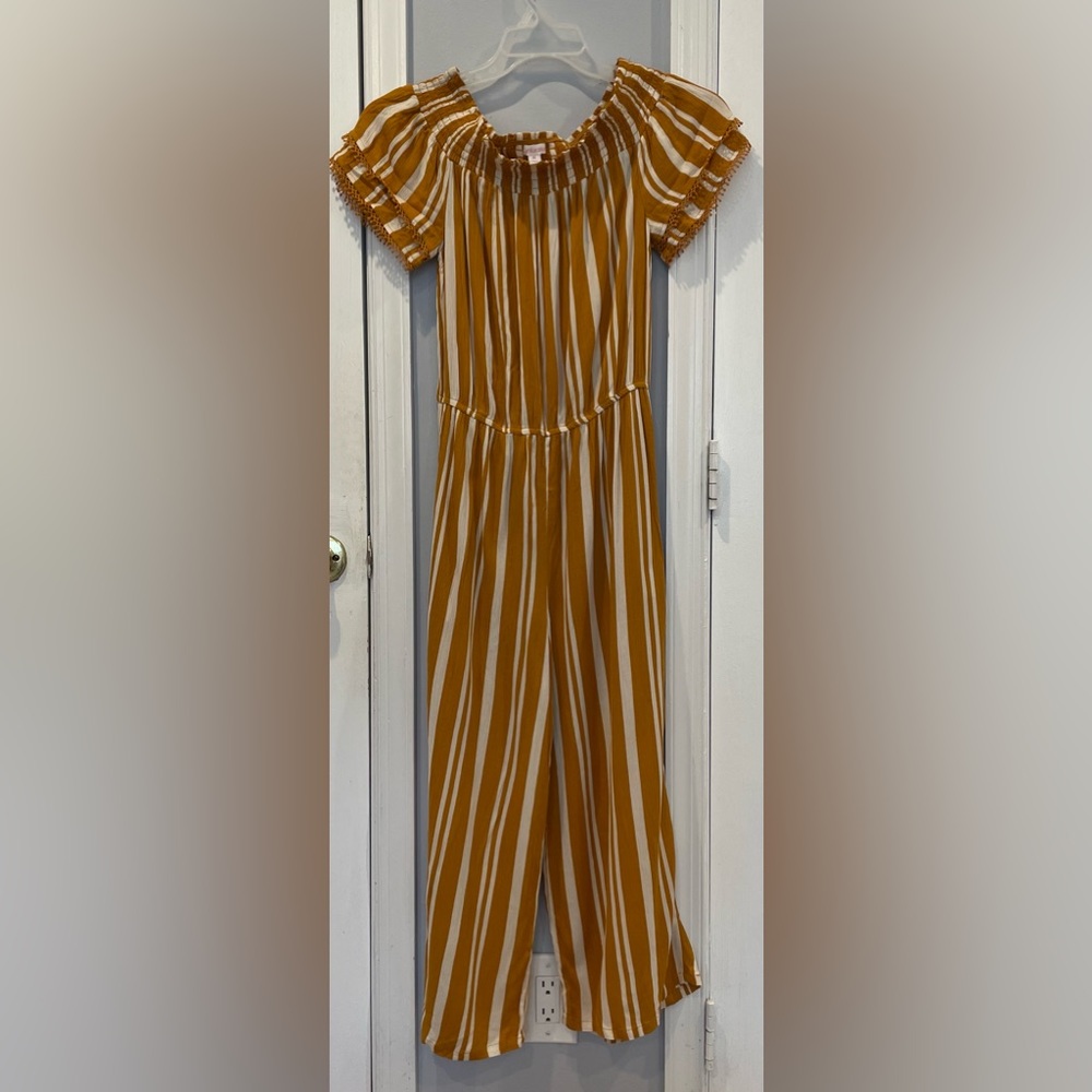 Xhilaration Short Sleeve Off the Shoulder Striped Cropped Wide Leg Jumpsuit.